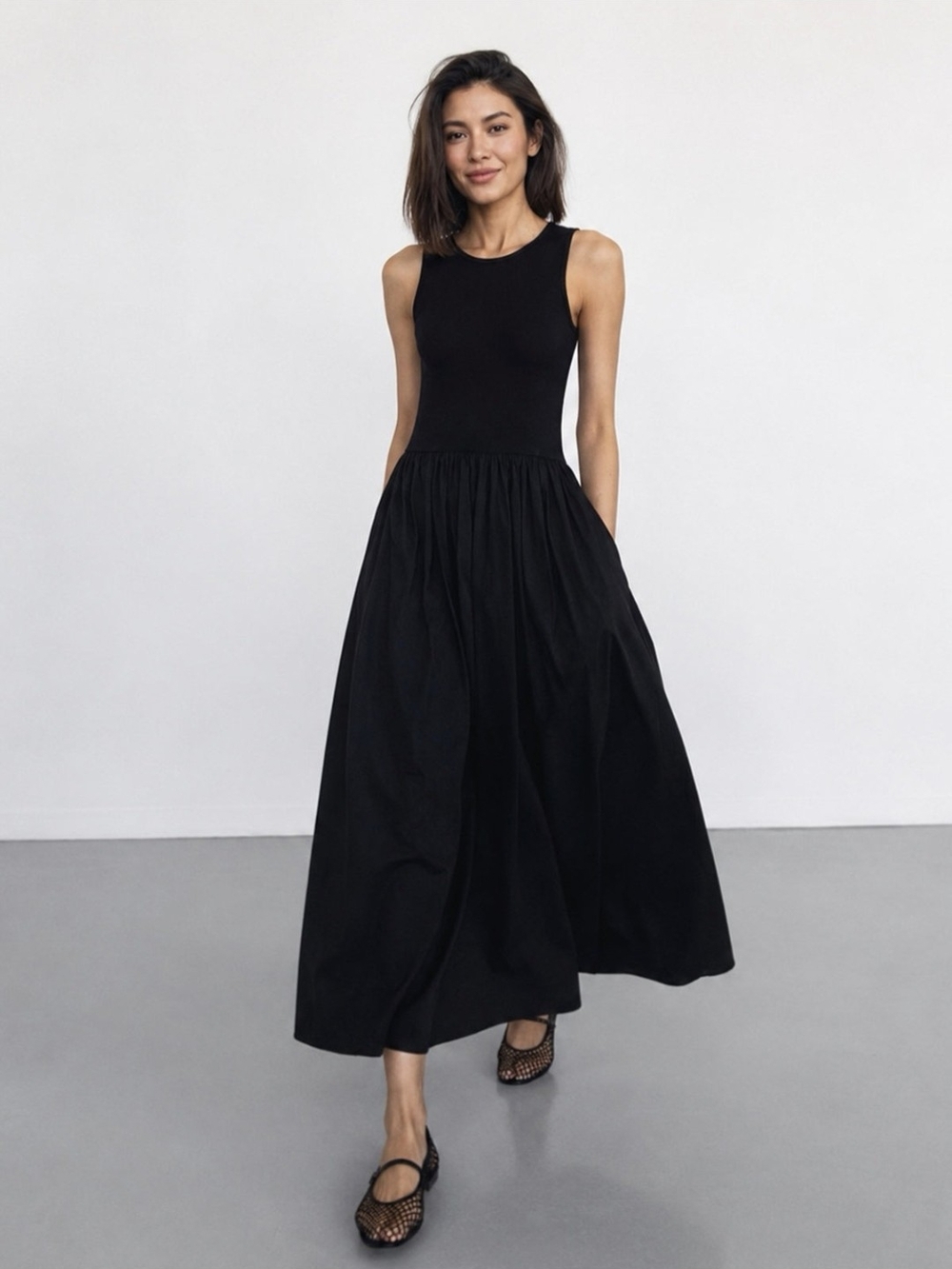 Commense Black Sleeveless Midi Dress with Gathered Skirt